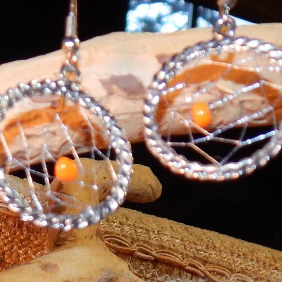 Orange "Spider" in Web Earrings - Picture 9 of 10